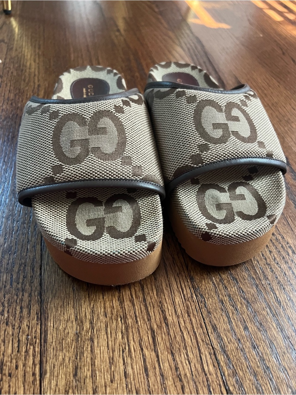 Gucci Beige Brown GG Monogram Platform Slides